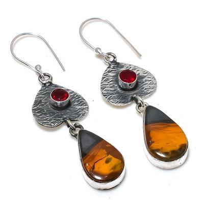 Natural Tiger Eye, Garnet Gemstone 925 Sterling Silver Earring 2.36" B9Z29