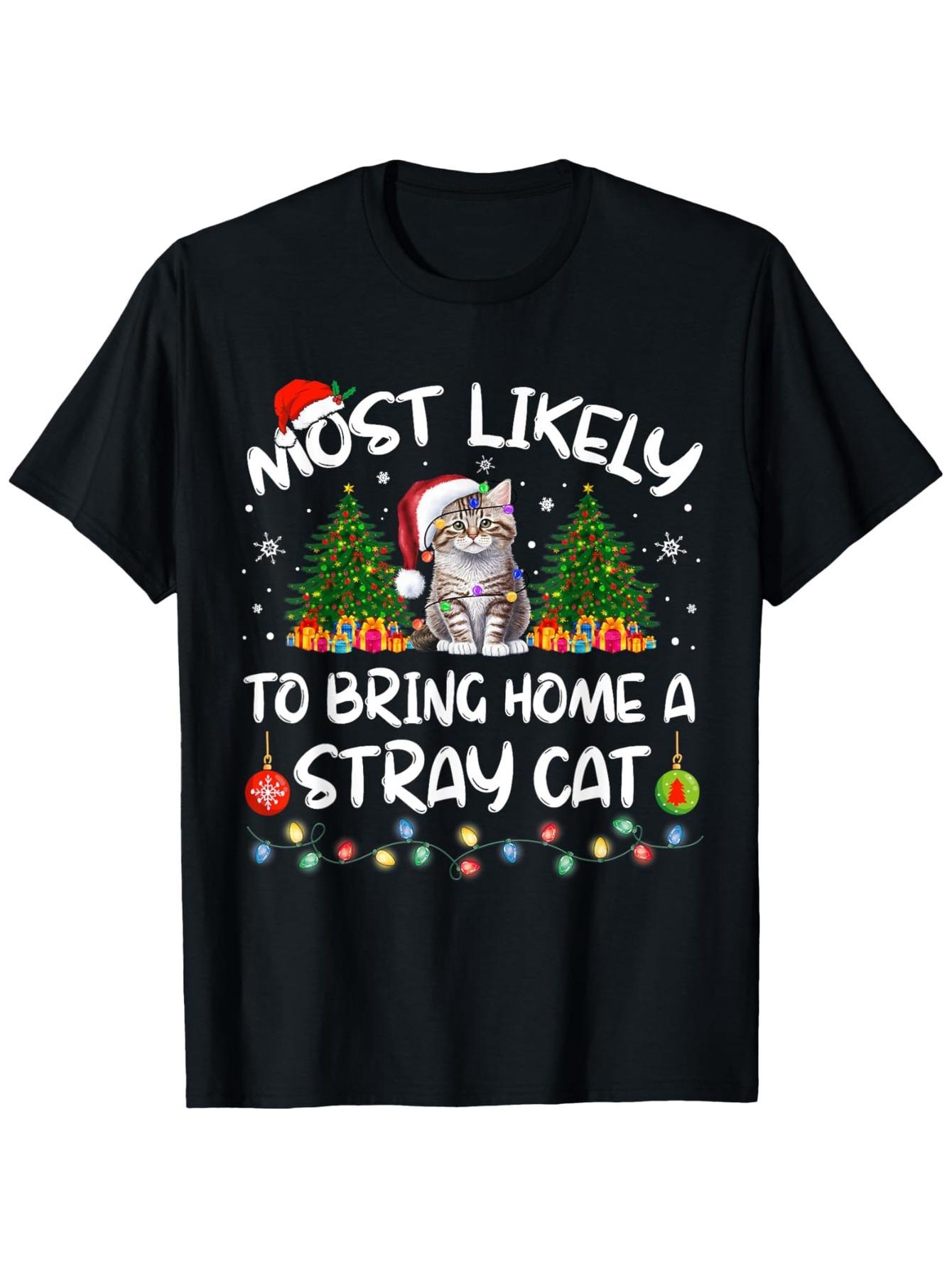 

Festive Black Christmas T-Shirt for Cat Lovers - MOST LIKELY Graphic with Cartoon Cat in Santa Hat, Surrounded By Colorful 4XL