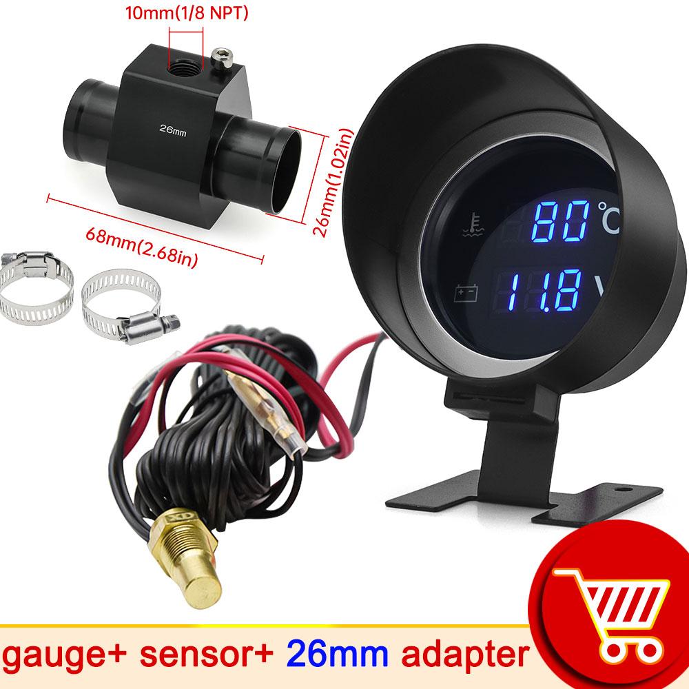 Car Digital Led Water Temperature Gauge -10-110 Celsius With Water Temp Joint Pipe Sensor 10MM Adapter 1/8NPT Voltmeter 2 IN 1