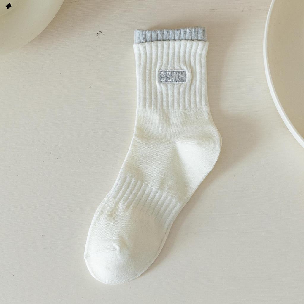 Dámské zimní bavlněné sportovní ponožky střední délky - Dvojité manžety, Vyšívaná písmena, Trendy, Teplé, Pohodlné.