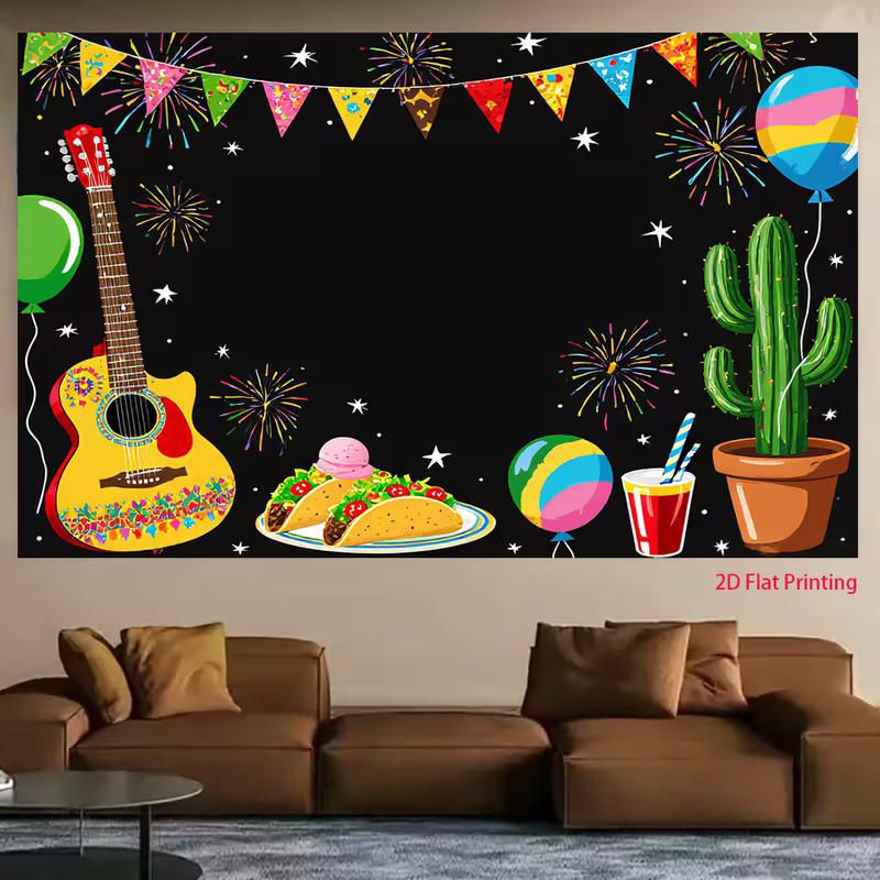 2D Fiesta Taco Guitar Backdrop, Mexican Cinco de Mayo Party Photo Booth Banner