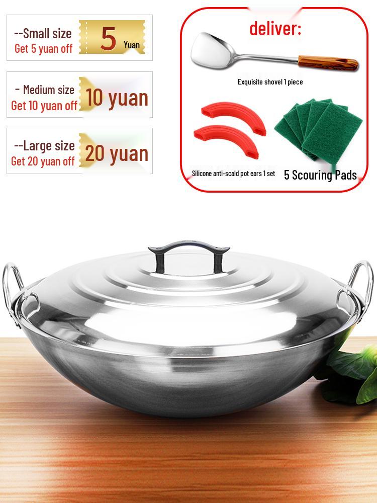 Extra Thick Non-Magnetic Stainless Steel Wok, 34-100cm Round Bottom with Double Ears for Commercial Use