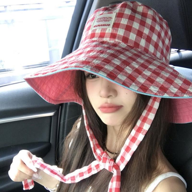 1pc Retro Ins Sweet Plaid Tie Strap Bucket Hat for Women,Summer Big Brim Double Sided Sun Caps Travel Versatile Fisherman Hats