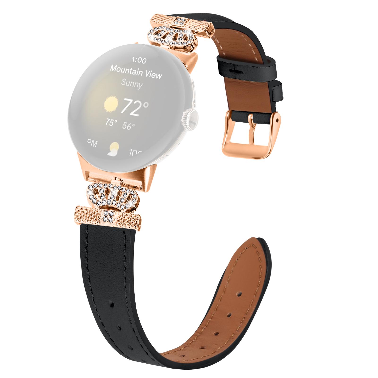

For Google Pixel Watch 3 41mm/Watch 2/Pixel Watch Rhinestone Genuine Cow Leather Wrist Band Strap (Rose Gold Buckle) Black