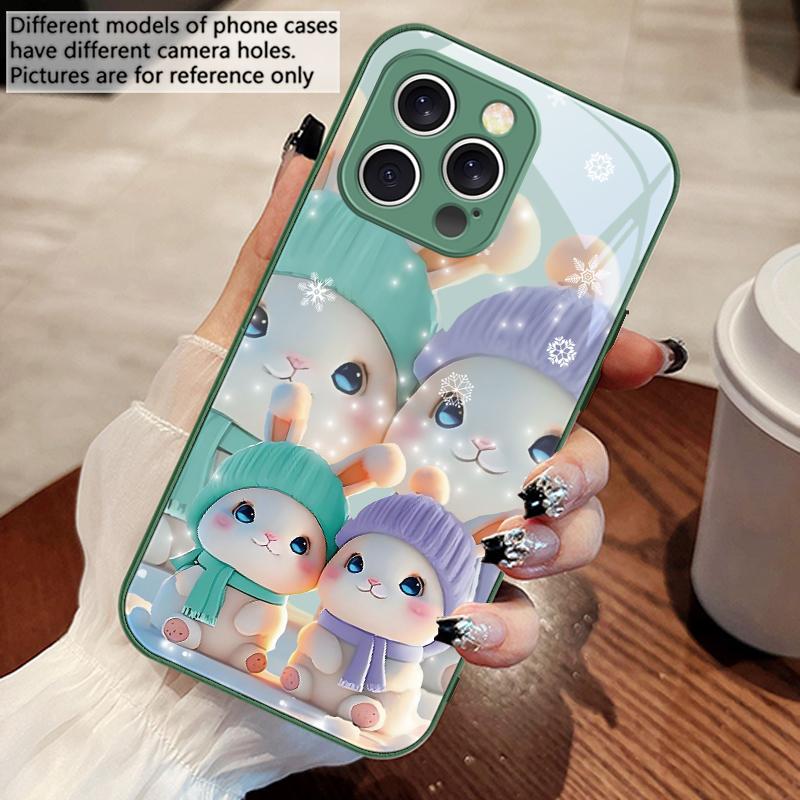 Cute Pink Twin Rabbits For iPhone 16 E 15 14 13 Plus 12 Mini 11 Pro Max XR Xs Max X 7 8 6 6S 2022 Tempered Glass Phone Case