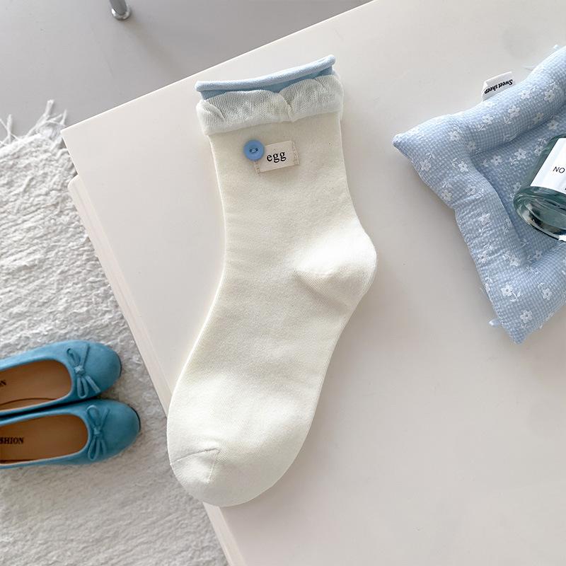 

Ladies Spring and Autumn Cloth Label Button Double Muzzle Roll Rim In The Tube Pile Socks 1 pair білий
