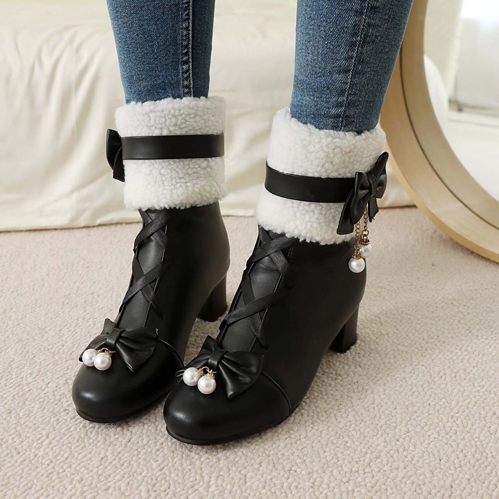 Mode Belles Bottines Femmes Talon Épais Lacets Bottines Cosplay Talon Bloc Douces Bottines Cheville Jolies Bottines Dentelle Avec Nœud