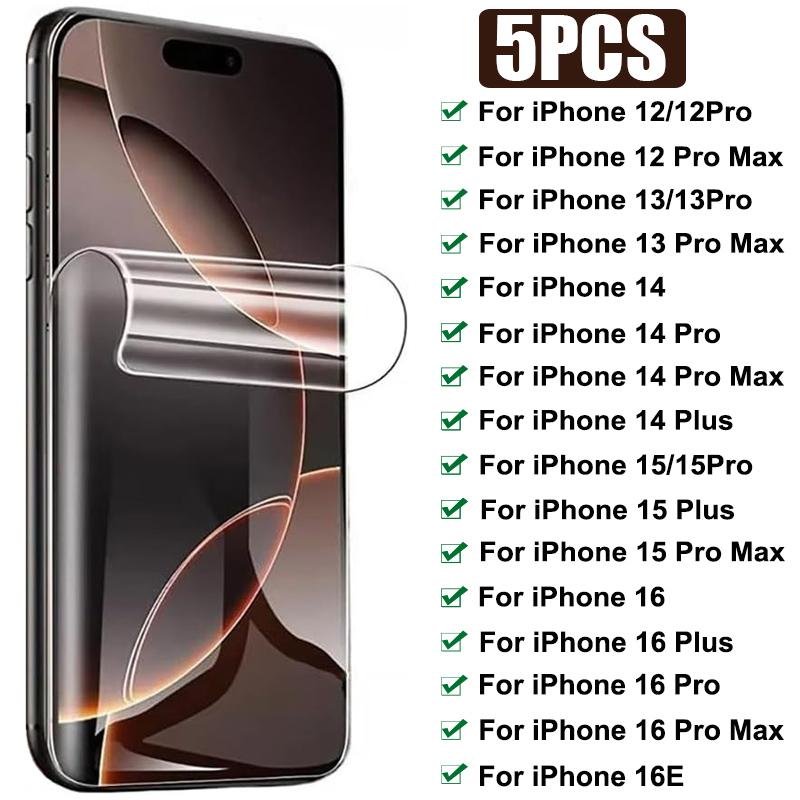 5Pcs Full Cover Hydrogel Film for iPhone 16 Pro Max 16E Screen Protector for iPhone 12 13 14 15 Pro Max 15 Plus 13Mini 12Mini