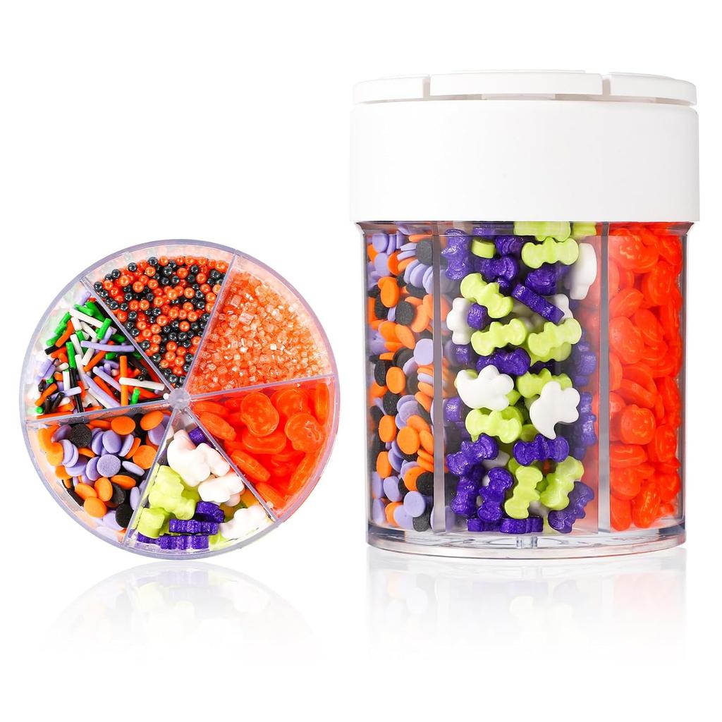 Halloween Sprinkles Mix, 6 Cell Assorted Festive Sprinkles Edible Colorful Variety Candy Sugar Sweets Icing Decorations for Bonbon Halloween Cookies