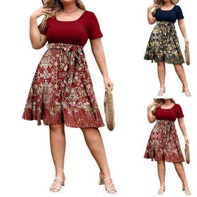Women's Fashionable And Trendy Round Neck Short Sleeved Waist Print Dress In Plus Size