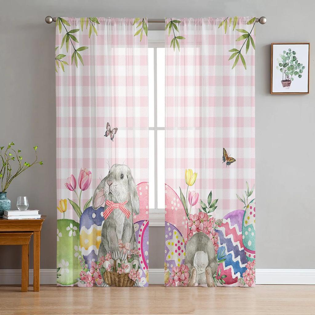 Light Filtering Easter Retro Farm Style Bunny Curtains Bedroom Living Room Festival Decor Cute Rabbit Kitchen Window Tulle Curtain Polyester Washable