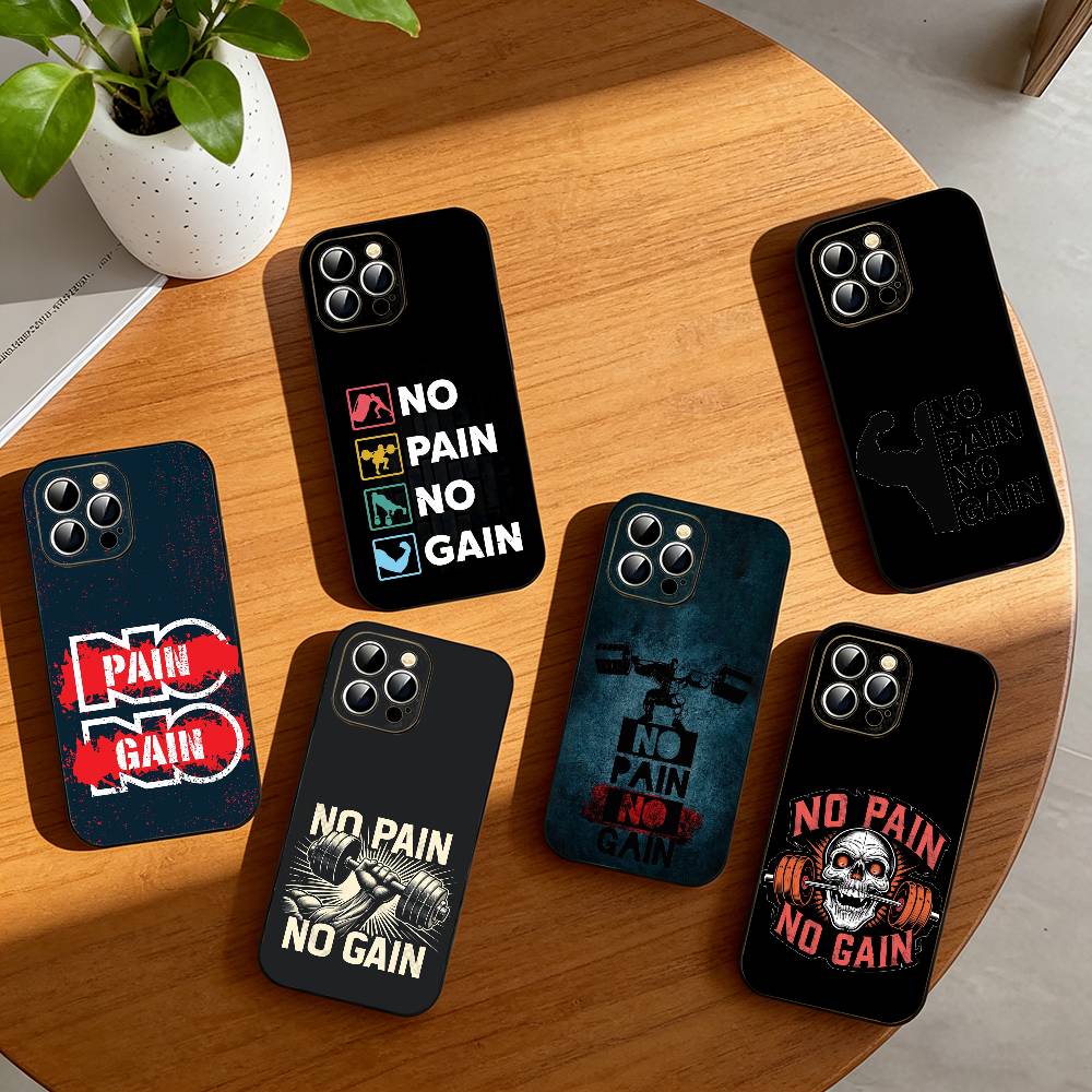 No Pain No Gain Gym Phone Case For iPhone 17,16,15,14,13,12,11 Plus,Pro Max,XS,Soft Silicone Black Cover