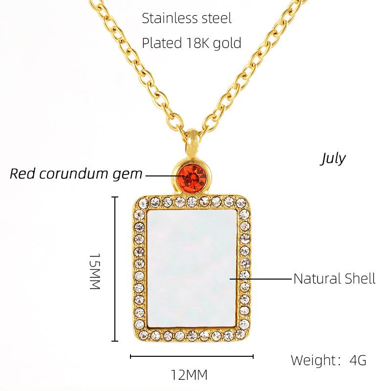 18K Titanium Steel Birthstone Pendant Necklace with Square Shell Design for Women