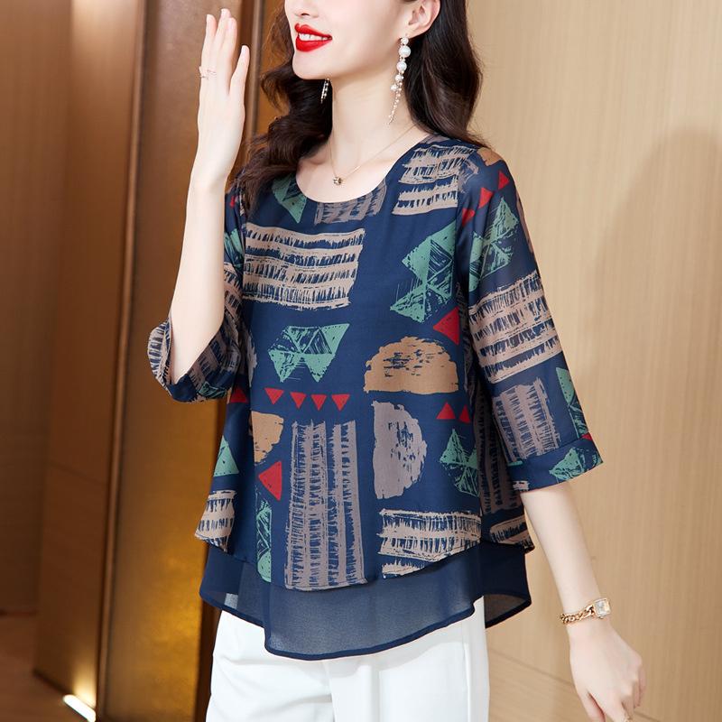 New Fashion Casual Short-sleeve Chiffon Blouse for Women, Summer Loose-fitting Pullover Plus-size Top