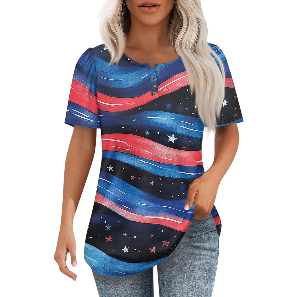 Modisches, lässiges Pullover-Oberteil mit kurzen Ärmeln und Knopfleiste und Rundhalsausschnitt für Damen