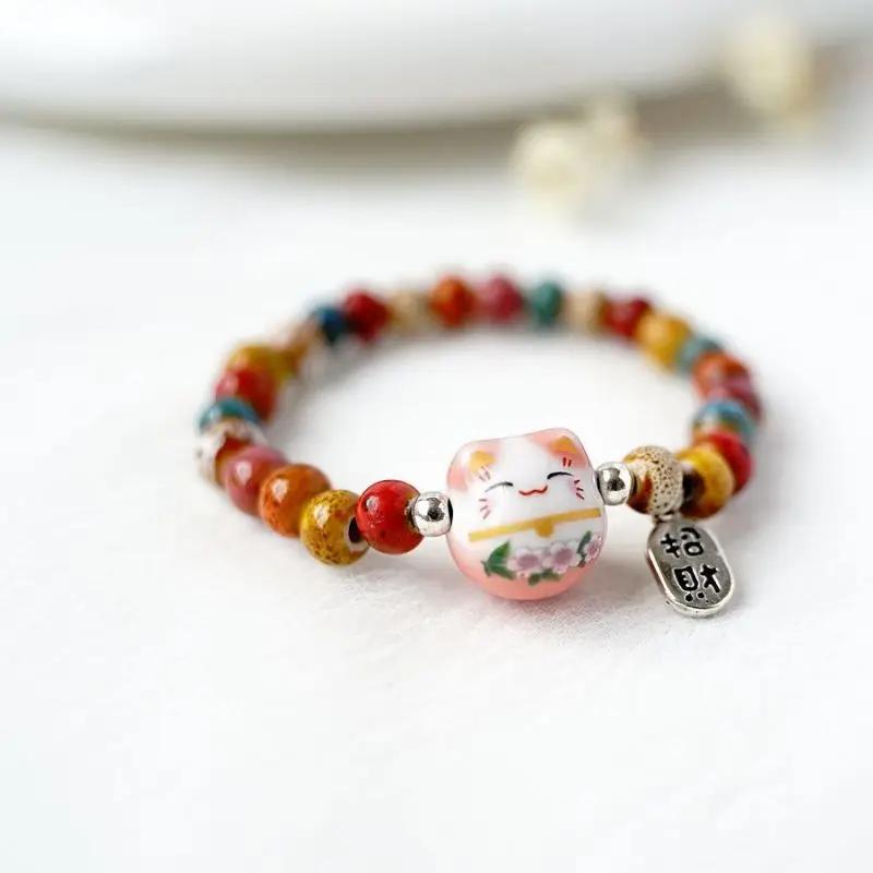 Fashion Cute Cat Bracelet For Girls Adjustable Colorful Beaded Bracelets Harajuku Ceramics Anime Pendant Charm Bracelets Jewelry