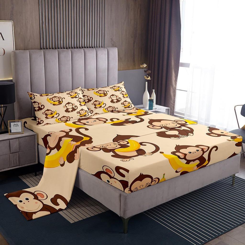 Cartoon Animal Little Monkey Pattern Bed Hat Four-piece Bedding Set Bedroom Dormitory Bedding Decoration