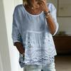 Damen T-Shirt Rundhalsausschnitt Halbe Ärmel Stickerei Blumenmuster Lockerer Saum T-Shirt Einfarbige Falten Design Sommer Oberteile