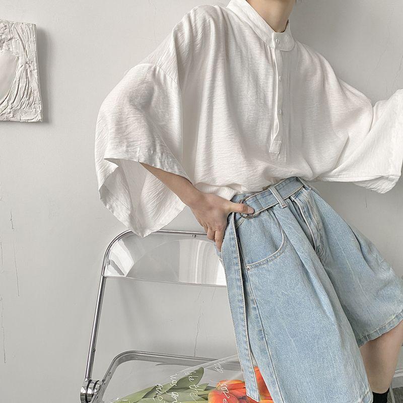 Damen Sommer Japanisches Oversize Hemd Schwarz Weiß Lässige Blusen Streetwear Koreanisch Locker Kurzarm Shirts Pullover