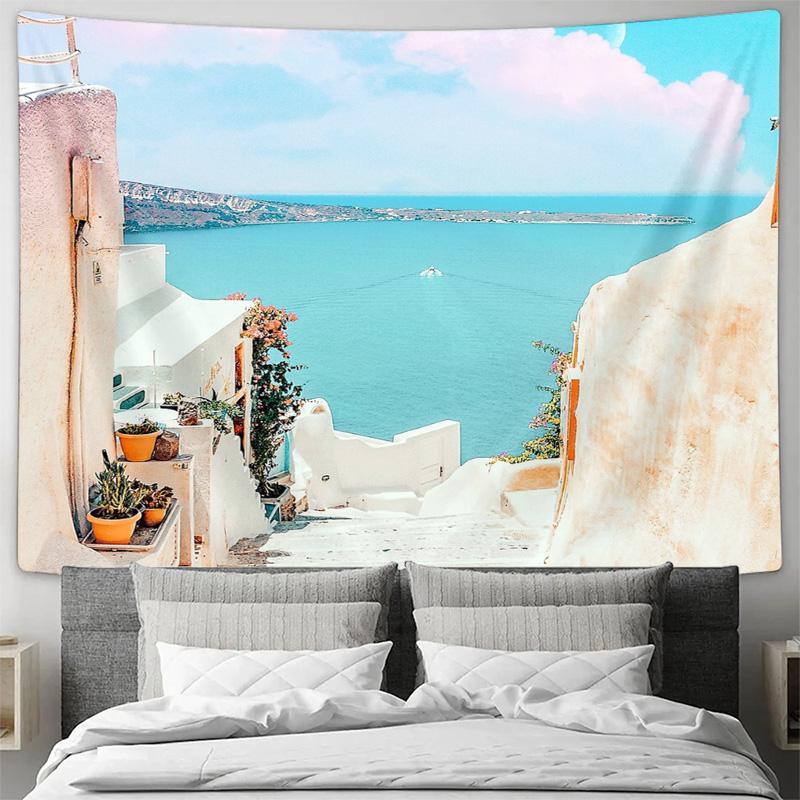 Mediterranean Wall Tapestry Ocean View Greek Island Decor Coastal Home Decor Aesthetic Room Hanging Vintage Wall Art Bedroom Liv