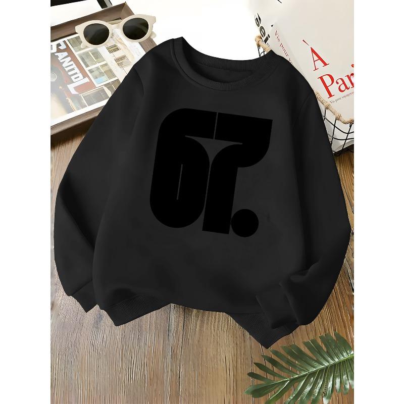 Kids Unisex Crewneck Sweatshirt, Minimalist Bold Black Number 67 Dot Print Soft Fleece Long Sleeve Pullover For Boys Girls Over 4 Years Old
