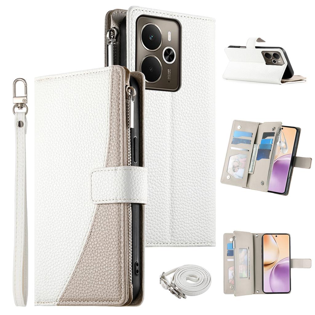 For Realme 14 5G Case Zipper Wallet Color Splicing Leather Flip Phone Cover with Straps