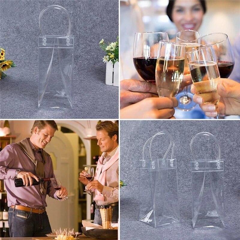 1Pc PVC Leakproof Ice Bag Eco Friendly Transparent Ice Pack Portable Ice Bucket Wine Champagne Bottle Chiller with Carry Handle