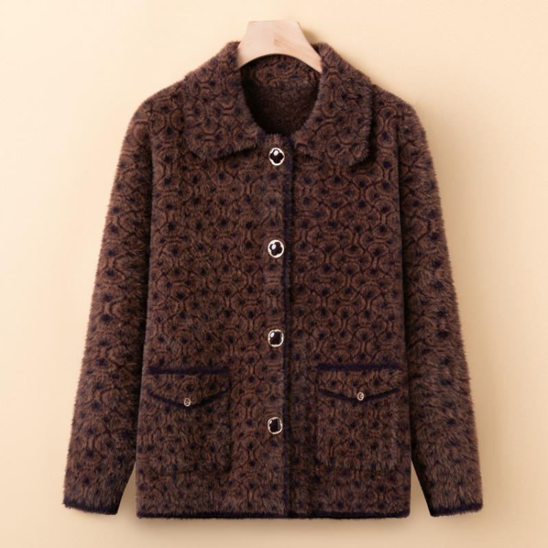 Medium Mother Imitation Mink Hair Knitted Jacket Middle-aged and Elderly Women's Clothing Thickened Large-size Sweater Jacket Old Lady Clothes