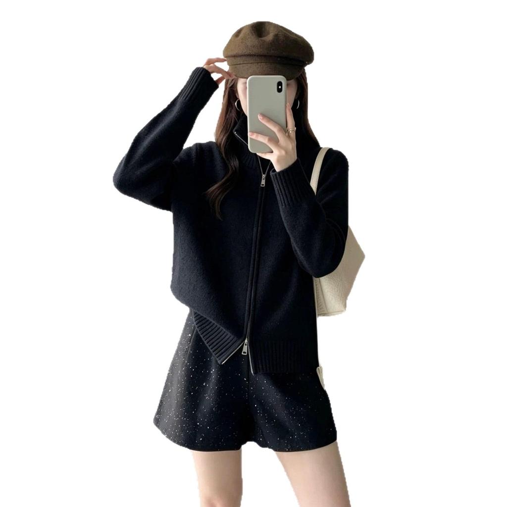 2026 European-Style High Neck Zipper Cardigan: Women's Pure Wool Thick Cashmere Knit Sweater Coat for Autumn and Winter