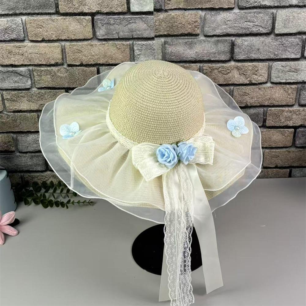 Straw hat women's summer streamer flower lace bow sun hat seaside beach UV protection sun hat
