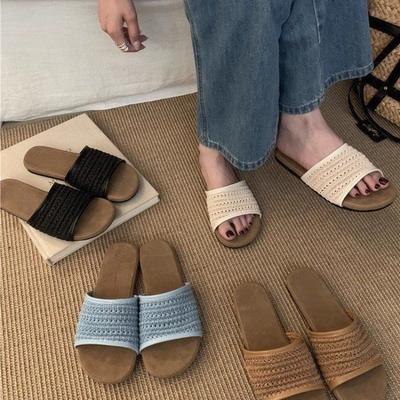 One Word Cool Slippers Women's Shoes 2025 Summer Korean Version Lazy Wind Woven Bohemian Vacation Cool Slippers Women's Shoes