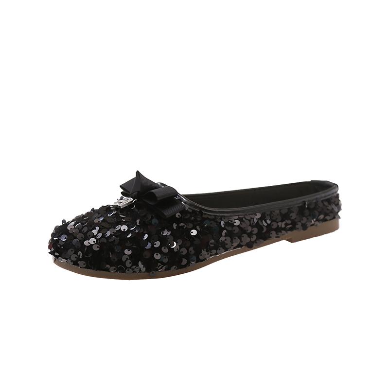 Fashion 2025 Shiny Sequin Slippers Women's Retro Style Flat Bottom Butterfly Knot Casual Summer Sandals Half Slip On Shoes