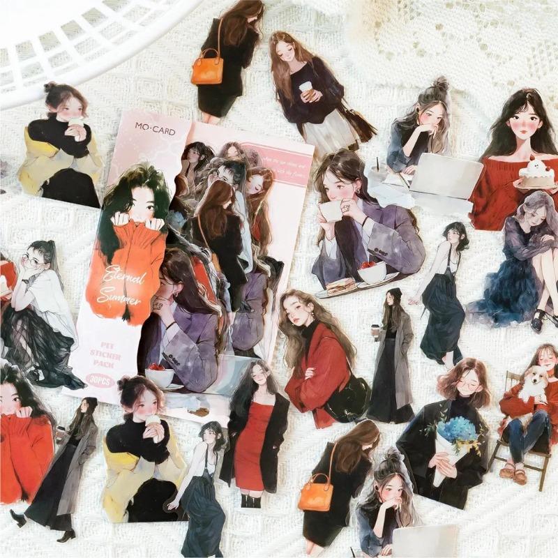 30pcs Cute People Sticker PET Materials Junk Journal Sticker Girl Life Series DIY Scrapbooking Collage Stationery Decor Supplies