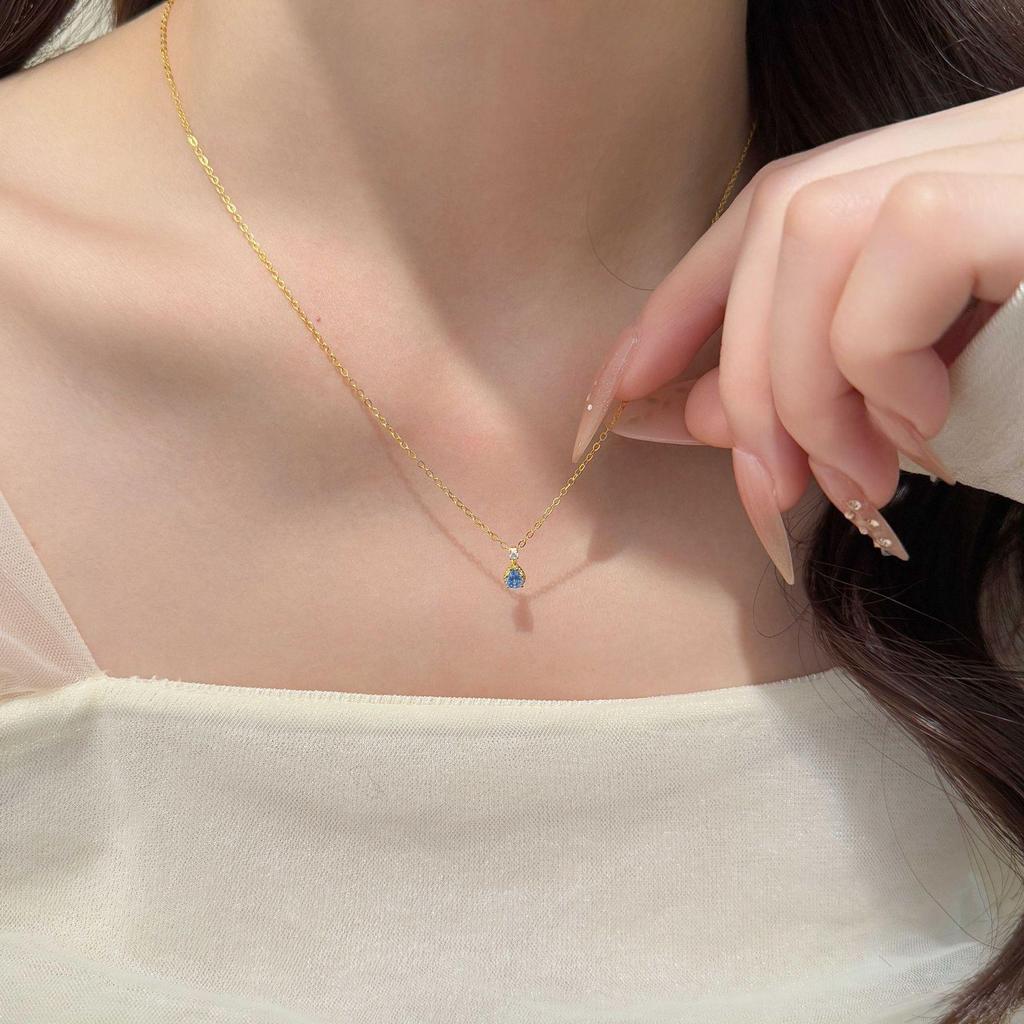 18K Gold-Plated Sterling Silver Necklace with Light Blue Zircon – Elegant Women's Clavicle Chain