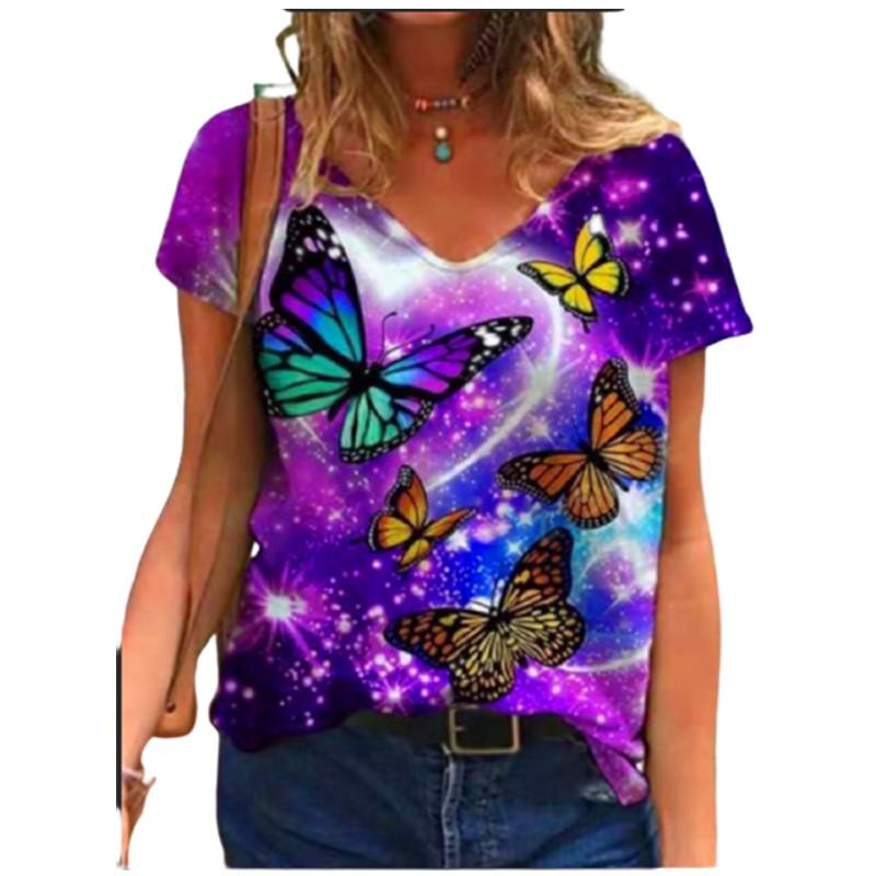 Casual Summer Women 2025 New Short Sleeve V-Neck Loose Oversized Tops Streetwear Floral Printed