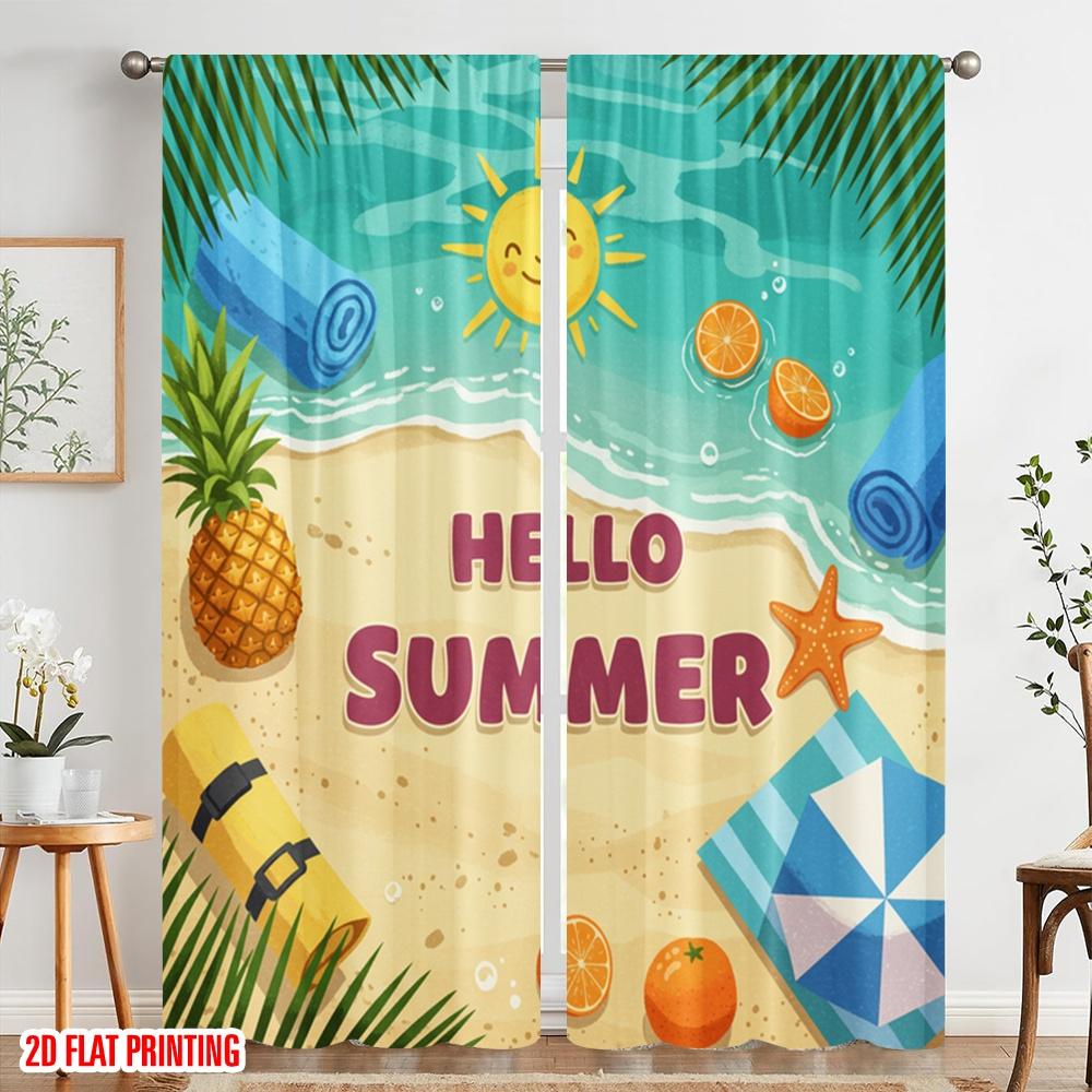 2pcs 2D Flat Printing Window Curtains Summer Beach Pineapple Sun Towel 100% Polyester Without Electricity Party Decorations Use