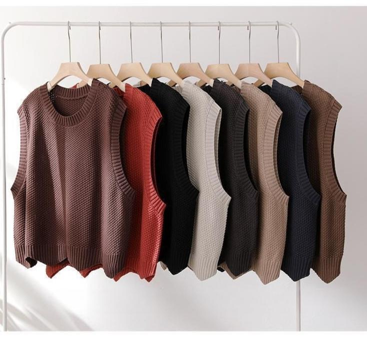 Knitted Vest Women's Spring and Autumn Solid Color Loose Round Neck Pullover Irregularly Stacked Vest Vest