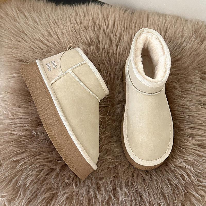 

Women s Lightweight Chunky-Heeled Winter Insulated Fleece-Lined Snow Boots Slip-Resistant Casual Sporty Suede Cotton Boots 37 бежевий