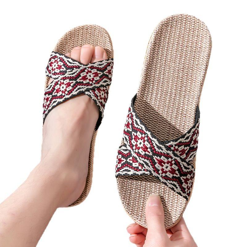 Linen Slippers Thick-soled Straw Woven Men's and Women's Cool Slippers Home Indoor Household Non-slip and Non-smelly Feet Summer