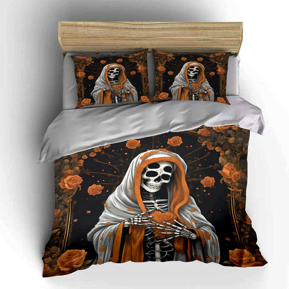 Skeleton In Cloak with Roses Bedding Duvet Cover Set (1*Duvet Cover 2*Pillowcases, Without Duvet Insert)