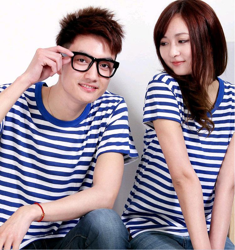 Sailor Striped Blue & White Men's Round Neck T-shirt, Summer Half Sleeve, Couples' Plus Size