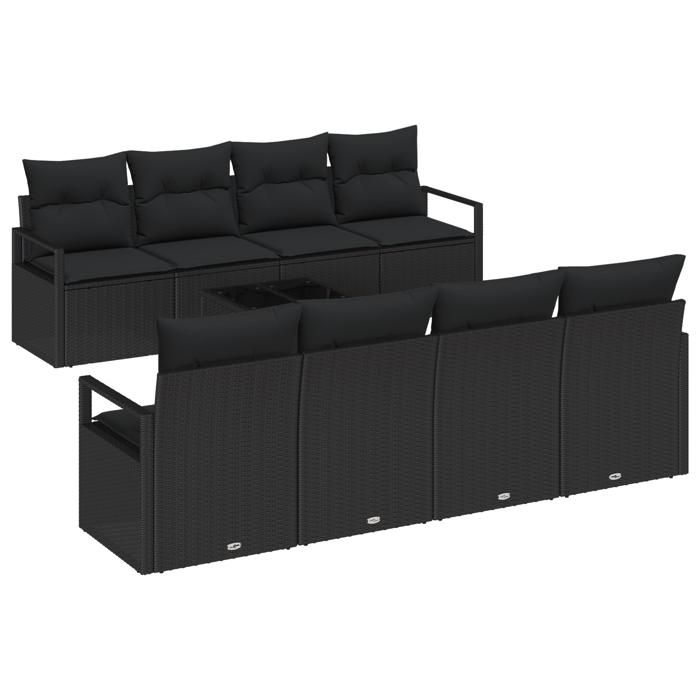 Ensemble de Sofa de Jardin 9 Pièces avec Coussins Noir Poly Rattan, Sofa de Jardin 2 Places avec Coussins Noir Poly Rattan 3346313