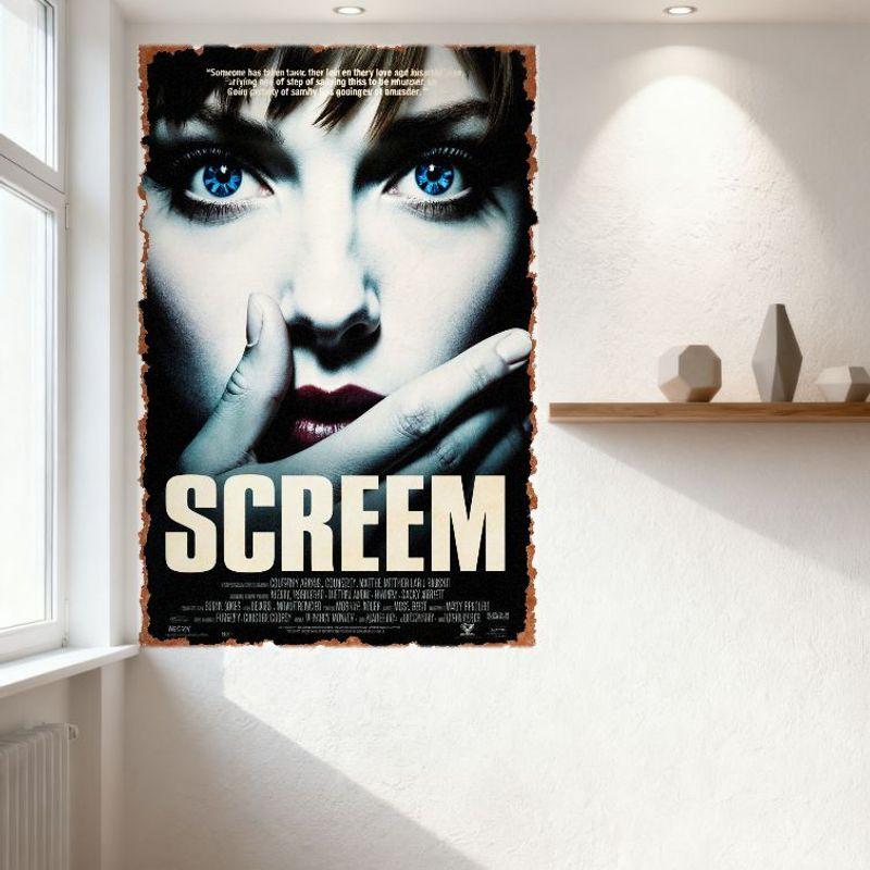Scream Vintage Grunge Skräckfilm Metallplåtskylt med Närbild på Kvinna, Sliten Svart Bakgrund, Spännande Estetisk Dekor