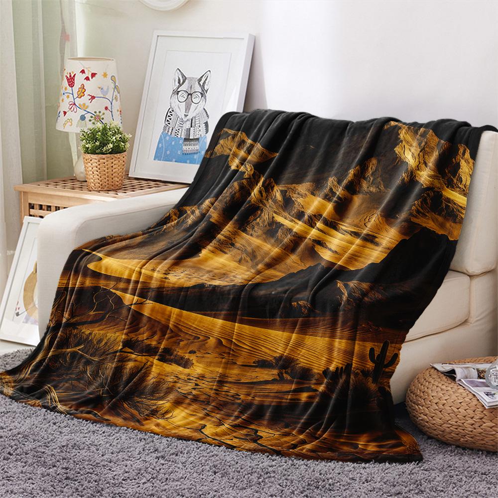 1PC Desert Mountain Print FlAannel Blanket, High Quality Comfortable for All Seasons, Home Decor, Warmth and Comfort