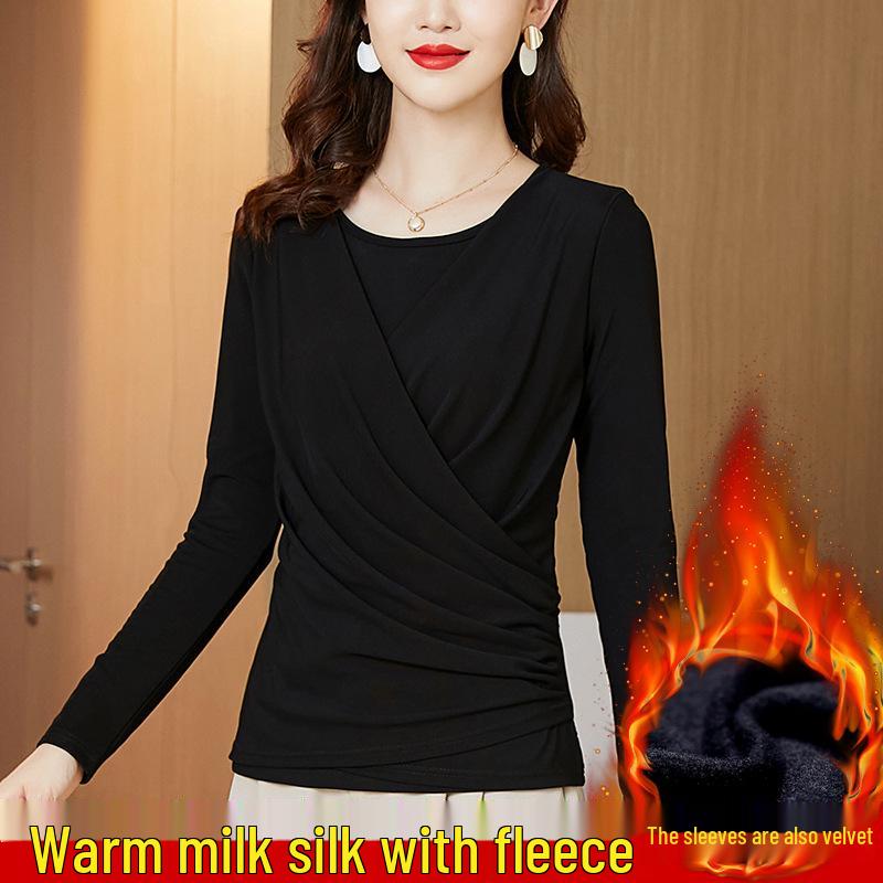 

2024 Women s Winter Fleece-Lined Slimming Top, Round Neck, Pleated Tummy Concealment M чёрный