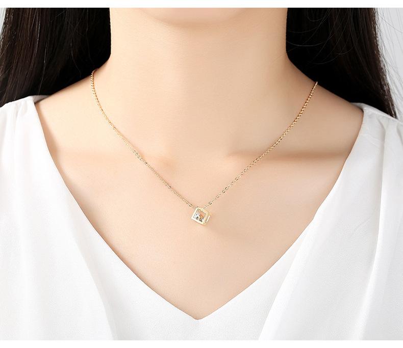 stainless steel Yellow Gold Color Cube Stone Pendant Necklace Shining Pink Crystal Jewelry Amethyst Women's Trendy Necklace