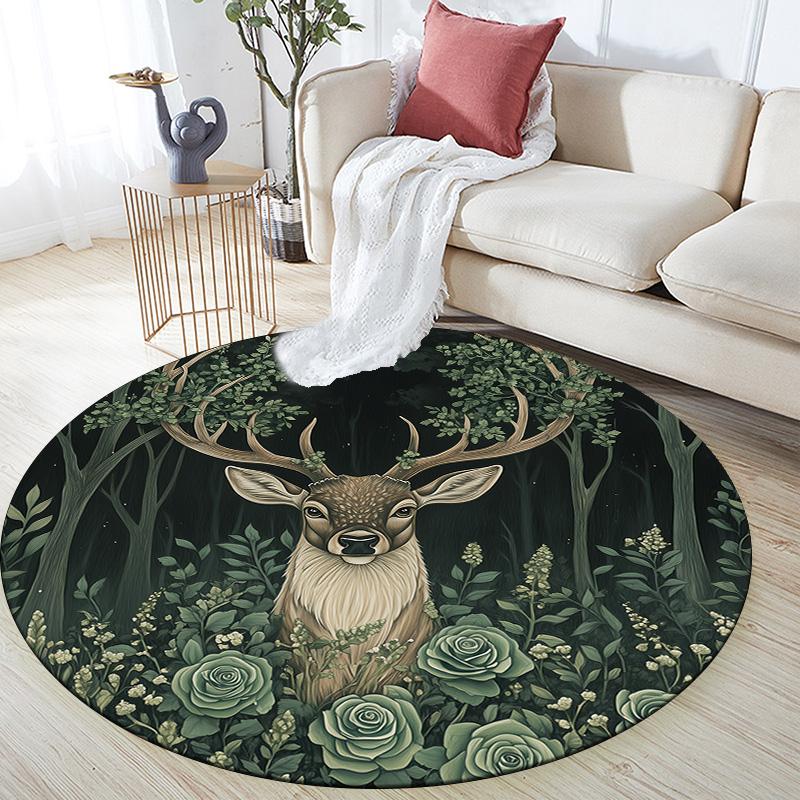Forest Deer,Round Area Rug,Carpet Rug for Living Room Bedroom Sofa Playroom Decor,Non-slip Floor Mat