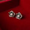 Elegant French Retro Drip Oil Zircon Faux Pearl Flower Sterling Silver Stud Earrings for Women
