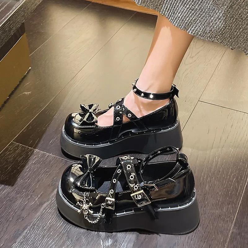 Fashion Punk Goth Chunky Platform Pumps Women 2025 Autumn Bowtie Wedges Mary Jane Lolita Shoes Woman Heart Ankle Buckle Black Shoes