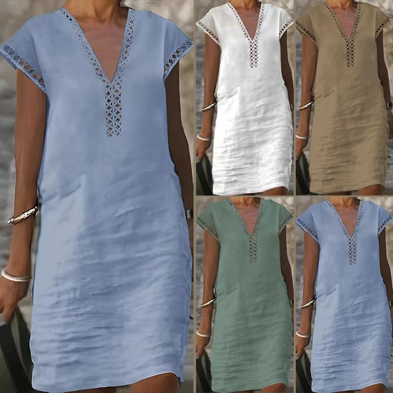 Summer New Women's Casual Lace Solid Color Cotton and Linen Dress